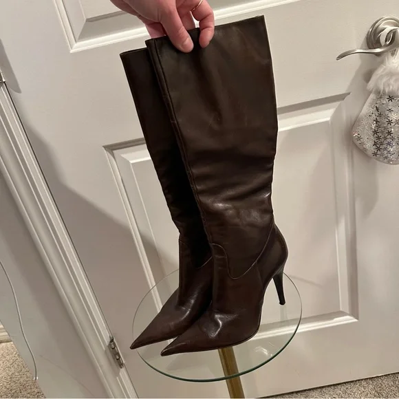 Icône Knee High Pointed Stiletto Boots in Deep Brown Leather